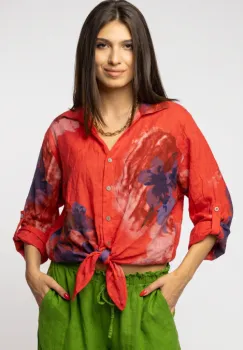 Camasa din in cu nod in fata, cu imprimeu floral acuarela si croi lejer, rosie imagine