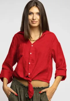 Camasa din in cu nod in fata, rosie imagine