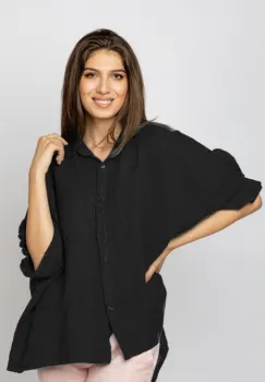 Camasa din in cu siret pe spate Stella Milani, neagra imagine