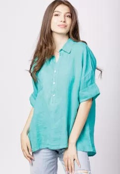 Camasa din in turcoaz cu siret pe spate in dreptul gulerului imagine