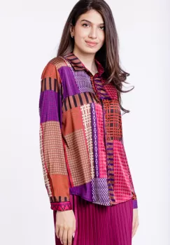 Camasa din satin cu imprimeu geometric predominant mov imagine