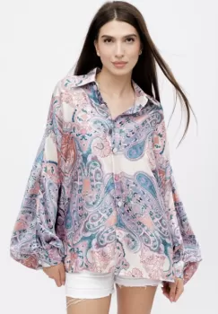 Camasa din satin oversize, cu maneci bufante si imprimeu arabesc cu nuante de roz si bej imagine