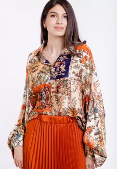 Camasa din satin oversize, cu maneci bufante si imprimeu cu portocaliu si bleumarin imagine