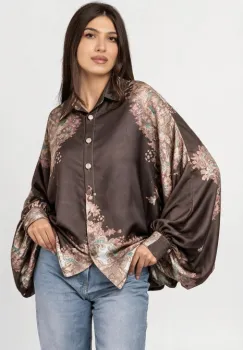 Camasa din satin oversize, cu maneci bufante si imprimeu floral bej maro imagine
