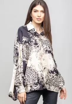 Camasa din satin oversize, cu maneci bufante si imprimeu floral bej-negru imagine