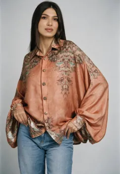 Camasa din satin oversize, cu maneci bufante si imprimeu floral, portocalie imagine