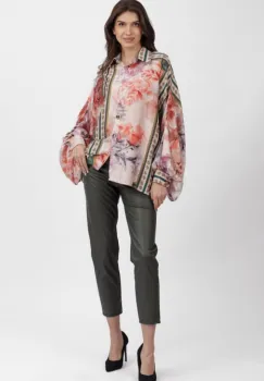 Camasa din satin oversize, cu maneci bufante si imprimeu flori portocalii si lila pe fond bej imagine