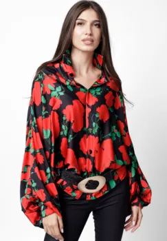Camasa din satin oversize, cu maneci bufante si imprimeu flori rosii pe fond negru imagine