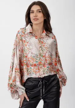 Camasa din satin oversize, cu maneci bufante si imprimeu flori rosii si portocalii pe fond bej imagine
