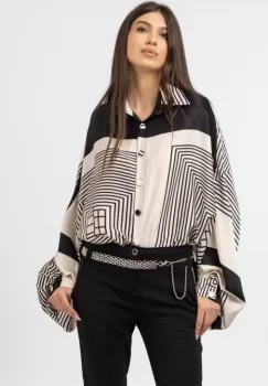 Camasa din satin oversize, cu maneci bufante si imprimeu jocuri de linii alb cu negru imagine