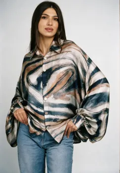 Camasa din satin oversize, cu maneci bufante si imprimeu linii fluide bej imagine