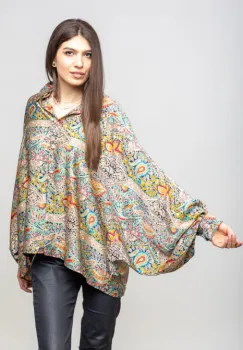 Camasa din satin oversize, cu maneci bufante si imprimeu oriental imagine