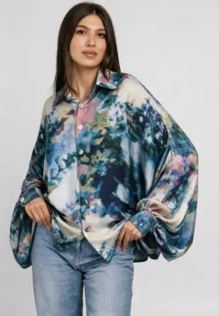 Camasa din satin oversize, cu maneci bufante si imprimeu pictural albastru imagine