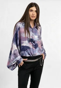 Camasa din satin oversize, cu maneci bufante si imprimeu pictural lila mov imagine