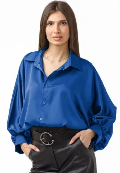 Camasa eleganta din satin, cu maneci bufante, albastra imagine