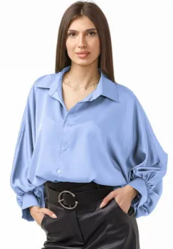 Camasa eleganta din satin, cu maneci bufante, bleu imagine