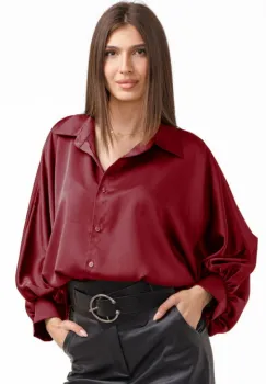 Camasa eleganta din satin, cu maneci bufante, bordo imagine