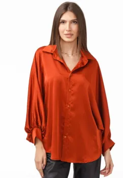 Camasa eleganta din satin, cu maneci bufante, caramizie imagine