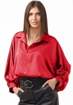 Camasa eleganta din satin, cu maneci bufante, rosie imagine