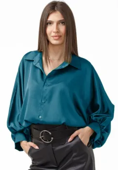 Camasa eleganta din satin, cu maneci bufante, turcoaz inchis imagine