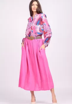 Camasa fucsia subtire, cu guler tunica si maneci bufante imagine