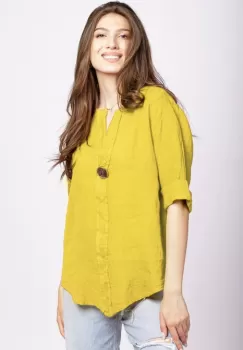 Camasa galbena din in cu nasture metalic decorativ imagine