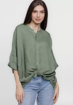 Camasa kaki, din in, cu guler tunica si nod in fata imagine