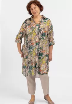 Camasa lunga subtire cu imprimeu pictural aquarela predominant verde imagine