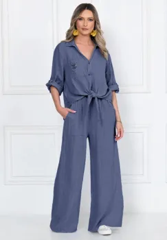 Camasa masura mare, din in, cu nod in fata, albastru jeans imagine