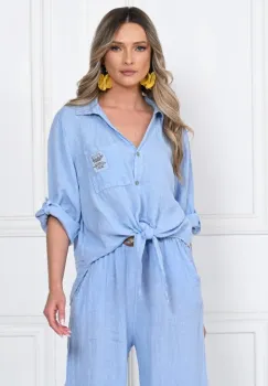 Camasa masura mare, din in, cu nod in fata, bleu imagine