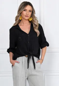 Camasa masura mare, din in, cu nod in fata, neagra imagine