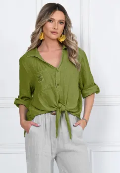 Camasa masura mare, din in, cu nod in fata, verde oliv imagine
