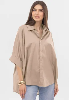 Camasa oversize bej din poplin satinat de bumbac, cu maneca lunga imagine