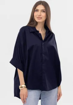 Camasa oversize bleumarin din poplin satinat  de bumbac, cu maneca lunga imagine