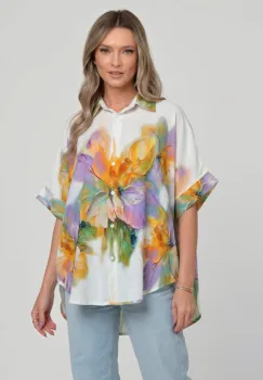 Camasa oversize cu maneca scurta din in si vascoza, imprimeu artistic pastel imagine