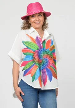 Camasa oversize cu maneca scurta din in si vascoza, imprimeu floare cu petale multicolore imagine