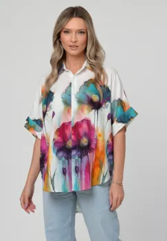 Camasa oversize cu maneca scurta din in si vascoza, imprimeu floral artistic imagine