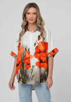 Camasa oversize cu maneca scurta din in si vascoza, imprimeu maci rosii imagine