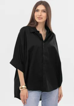 Camasa oversize neagra din poplin de bumbac, cu maneca lunga imagine