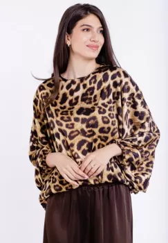 Camasa plisata din satin, cu maneci fluture si imprimeu animal print imagine