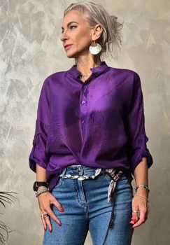 Camasa satinata oversized cu maneci reglabile, mov violet imagine