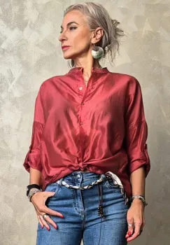 Camasa satinata oversized cu maneci reglabile, roz inchis imagine