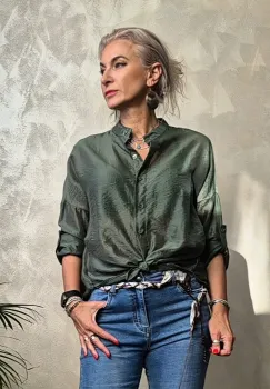 Camasa satinata oversized cu maneci reglabile, verde kaki imagine