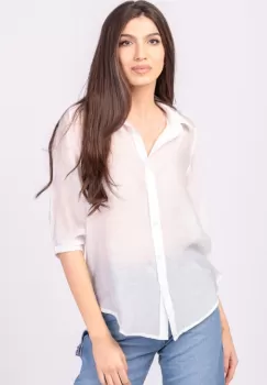 Camasa subtire, alba, cu guler clasic, maneca lunga si buzunar pe piept imagine