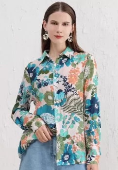 Camasa subtire, cu guler clasic si imprimeu floral in nuante de turcoaz si verde imagine