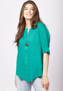 Camasa turcoaz din in cu nasture metalic decorativ imagine
