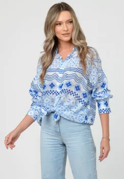 Camasa vaporoasa cu imprimeu geometric in nuante de bleu si albastru imagine