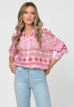 Camasa vaporoasa cu imprimeu geometric in nuante de roz si fucsia imagine
