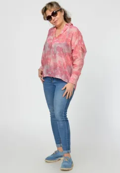 Camasa vaporoasa din bumbac, oversize, cu imprimeu floral in nuante de roz imagine