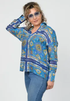Camasa vaporoasa din bumbac, oversize, cu imprimeu in nuante de albastru imagine